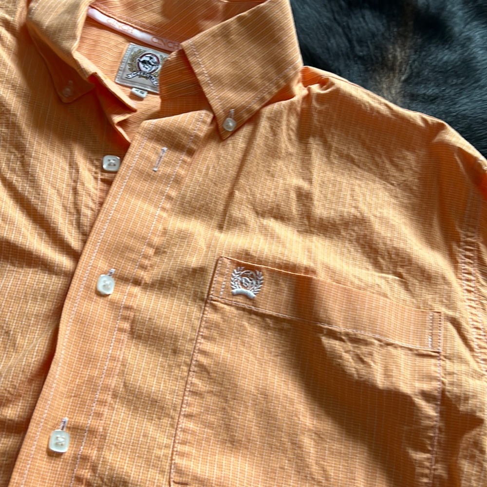 Men’s Cinch button down shirt. Light orange with pin stripes.
